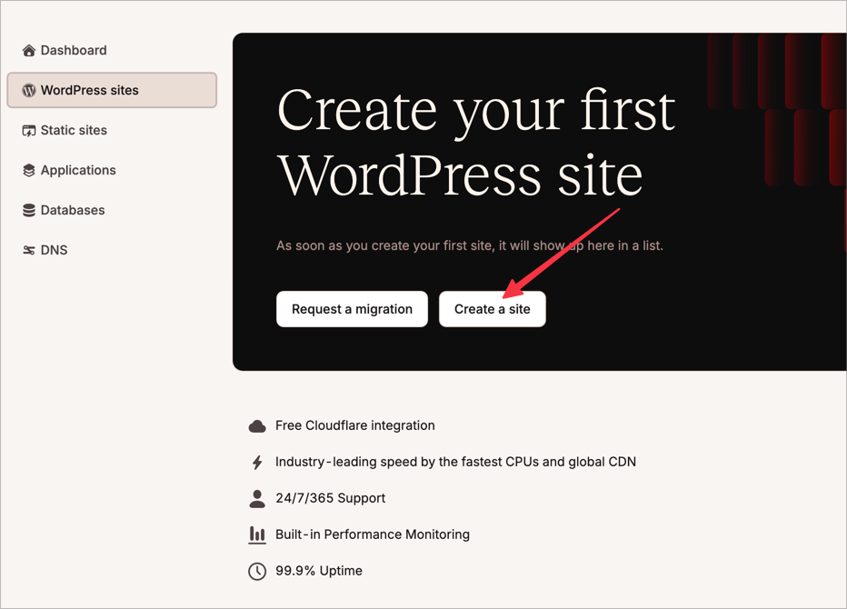 Tombol Create a site di dashboard MyKinsta