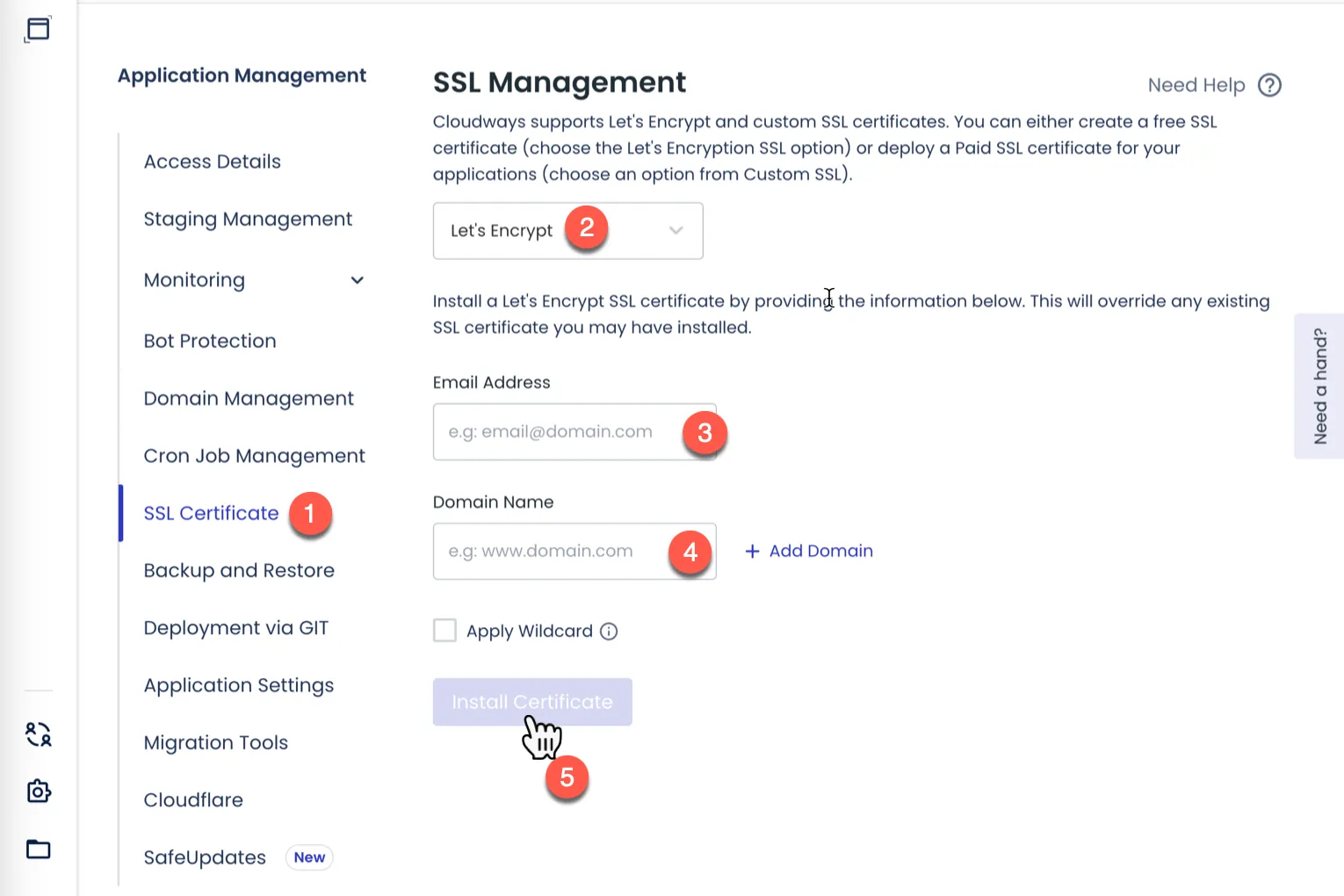Form instalasi SSL di Cloudways