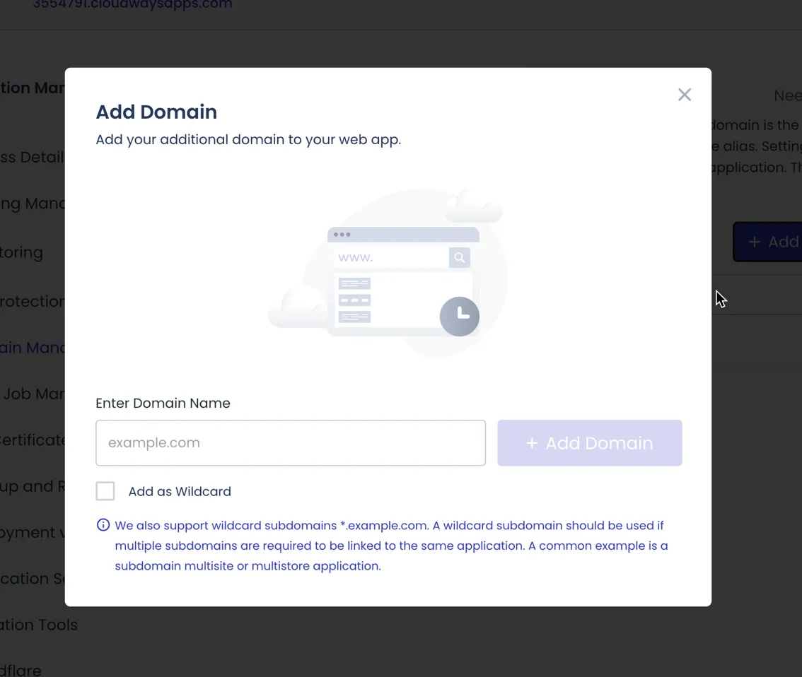 Form penambahan domain di Cloudways