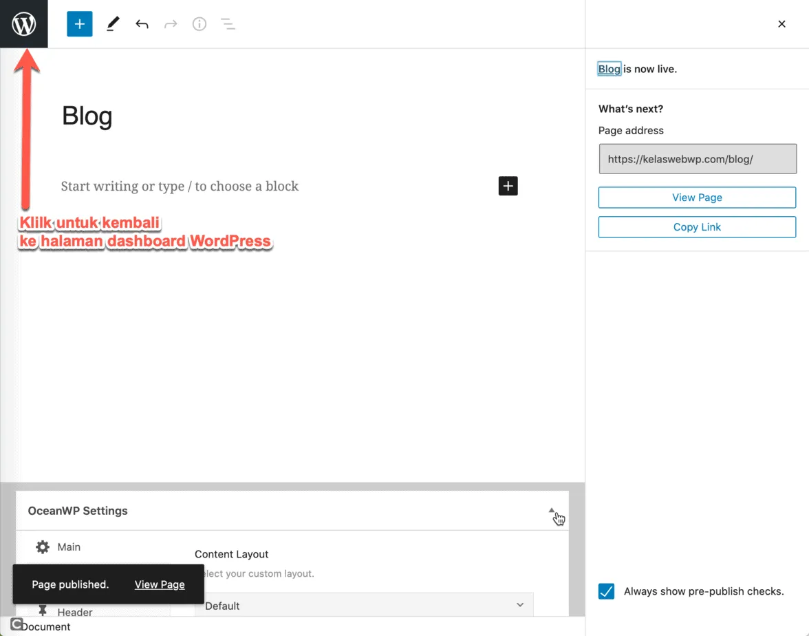 Klik untuk kembali ke halaman dashboard WordPress