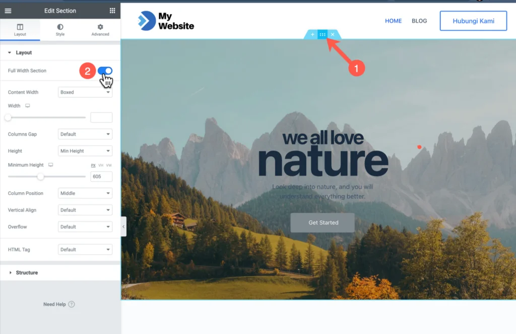 membuat section menjadi full width