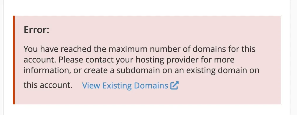 Contoh pesan error saat menambahkan domain baru karena batasan paket hosting