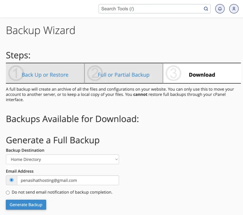 Halaman untuk generate full backup di cPanel