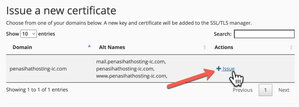 Tombol Issue untuk mengaktifkan SSL Lets Encrypt di cPanel