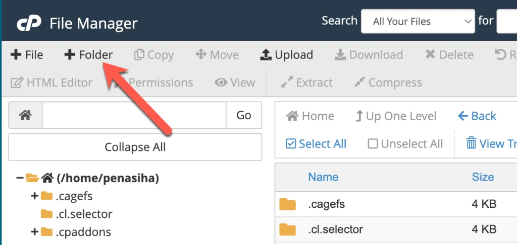 Tombol untuk membuat folder baru di File Manager cPanel
