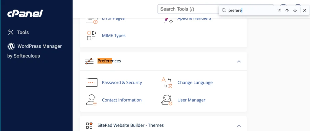 Preferences cPanel