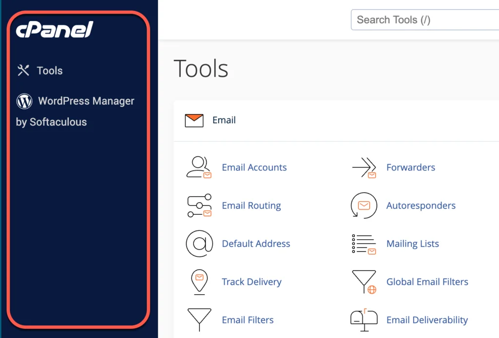 Menu Tools dan WordPress Manager di sidebar kiri cPanel