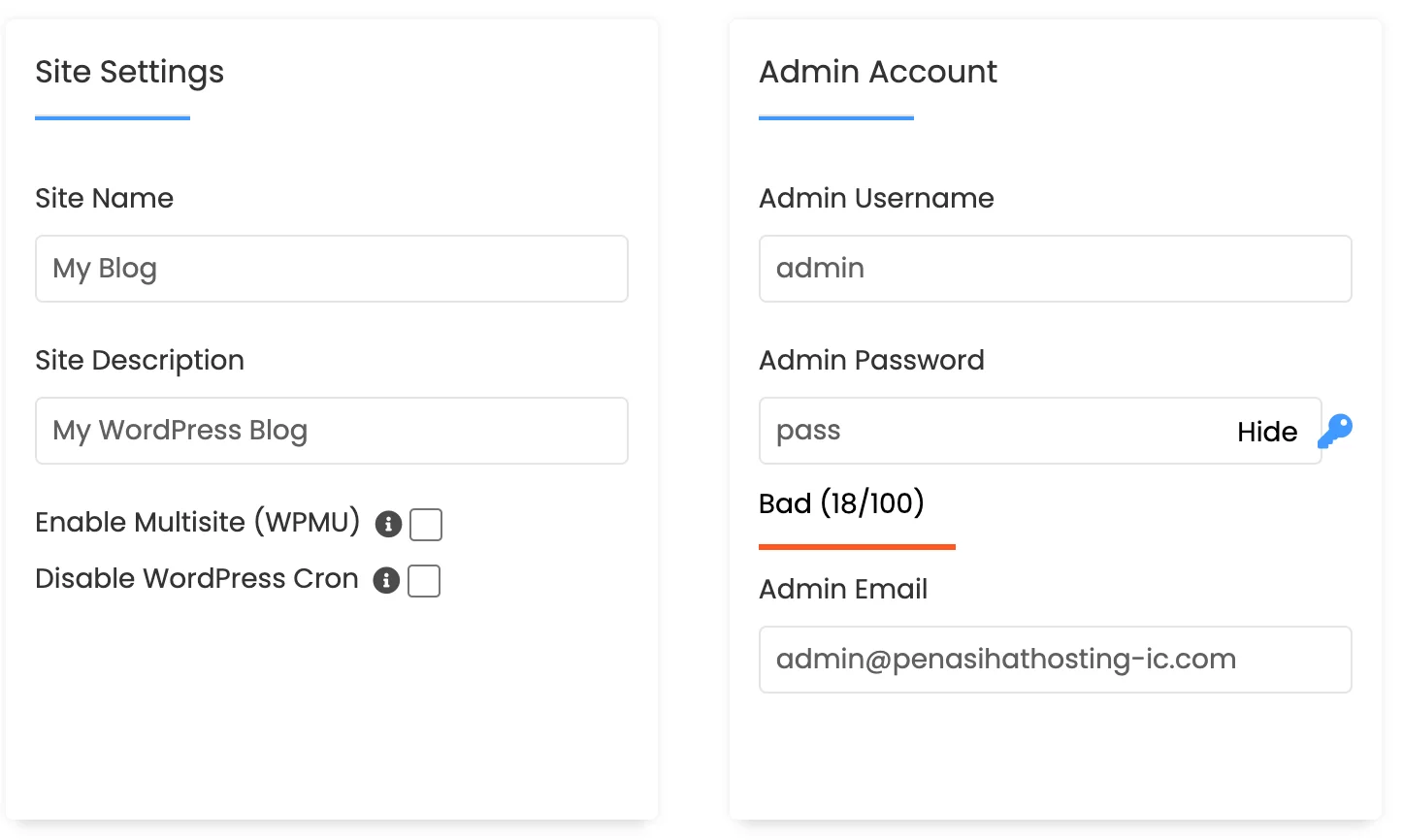 Pengaturan Site Settings dan Admin Account saat instalasi WordPress via Softaculous